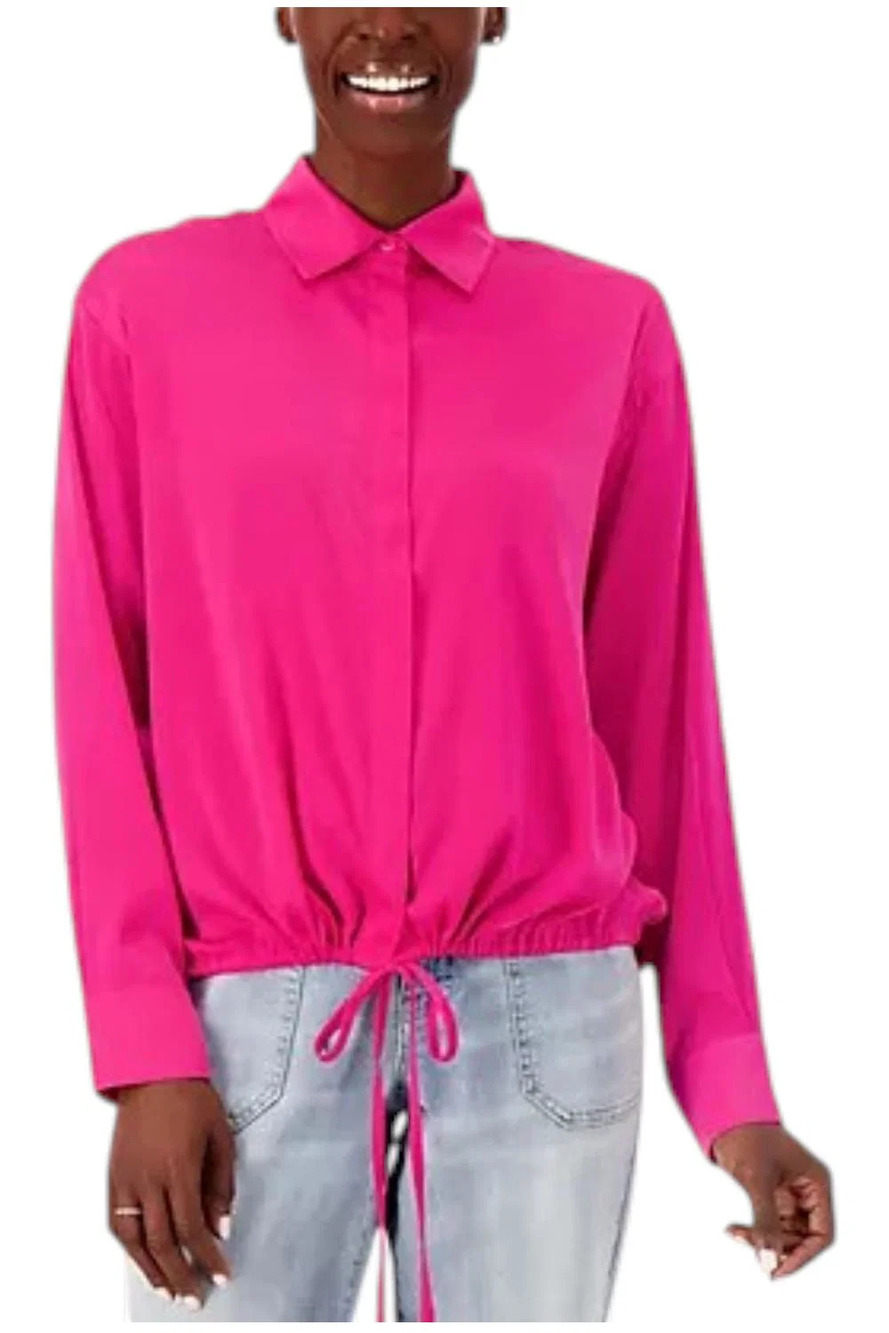 Attitudes by Renee Silky Satin Shirred Drape Back Shirt Pink - Regular